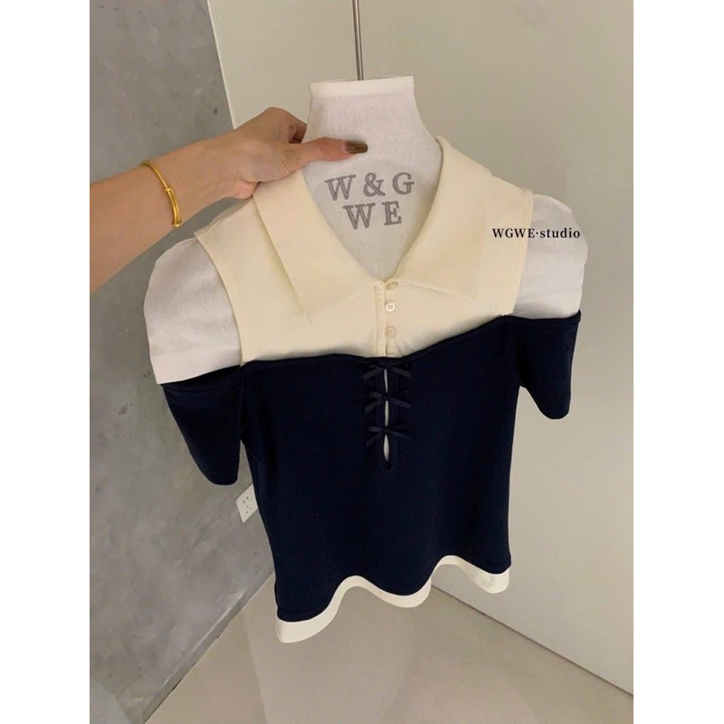 Áo Thun Nữ 𝐖𝐆𝐖𝐄 Phối Cổ Sơ Mi khoét Vai Giả 2 Lớp Đính Nơ #W9139#/H569