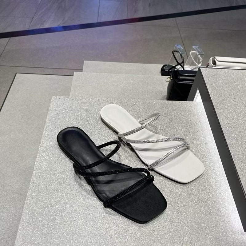 Sandal Dép C mũi vuông đế bệt quai đính đá hạt -6186-T1.4- lấp lánh-H479