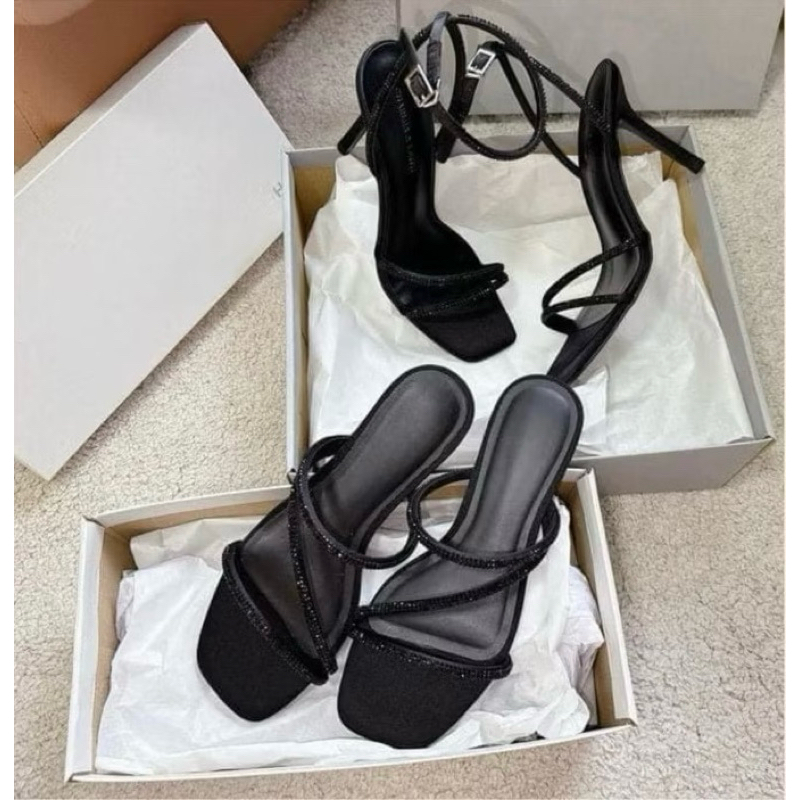 Sandal Dép C mũi vuông đế bệt quai đính đá hạt -6186-T1.4- lấp lánh-H479