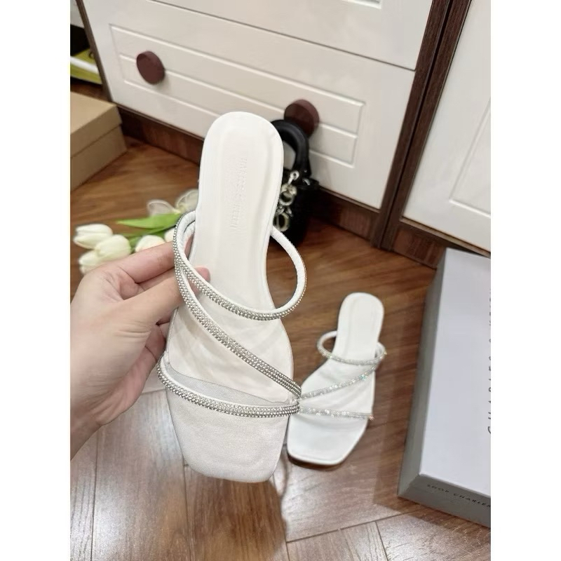 Sandal Dép C mũi vuông đế bệt quai đính đá hạt -6186-T1.4- lấp lánh-H479