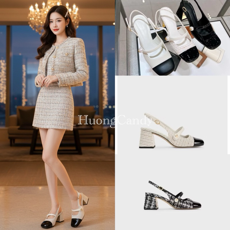 Giày sandal CK phối màu quai đính ngọc mũi vuông-2187- đế trụ cao 6cm-H482