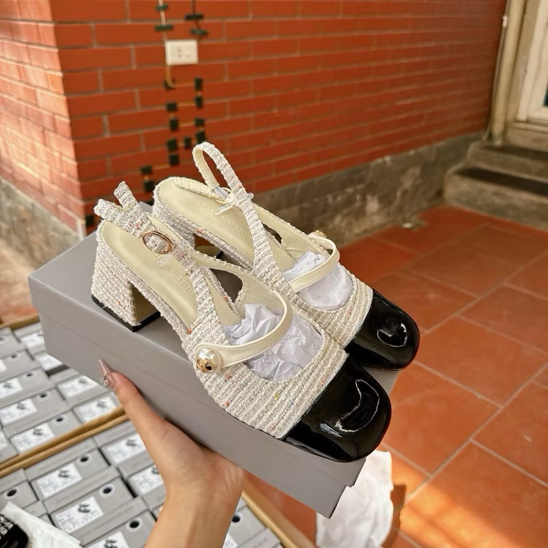 Giày sandal CK phối màu quai đính ngọc mũi vuông-2187- đế trụ cao 6cm-H482