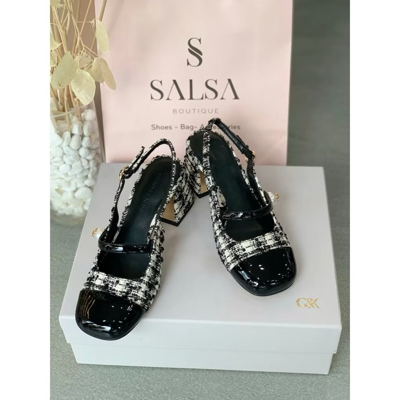Giày sandal CK phối màu quai đính ngọc mũi vuông-2187- đế trụ cao 6cm-H482