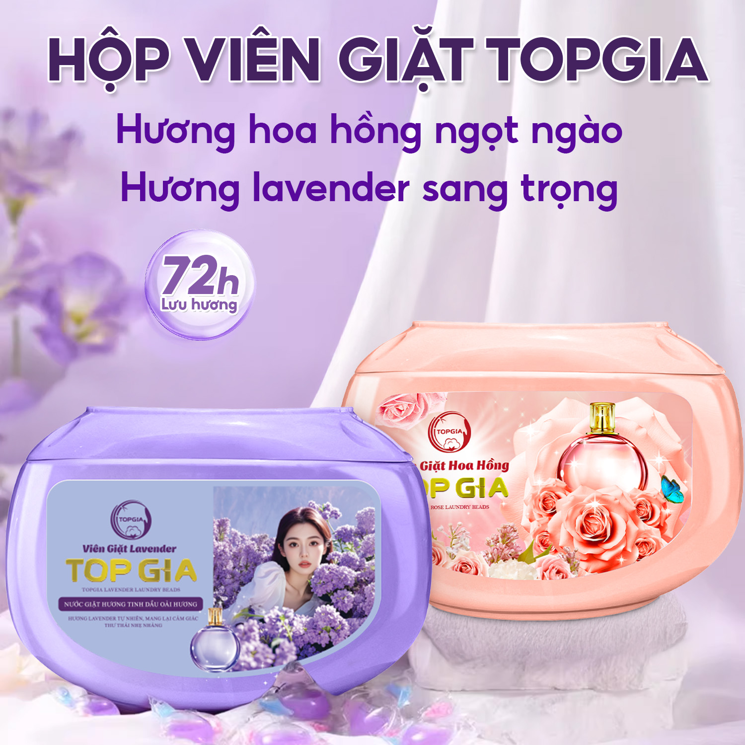 Viên giặt xả TopGia 3 trong 1 tiện lợi hương lavender, hoa hồng thơm dịu nhẹ