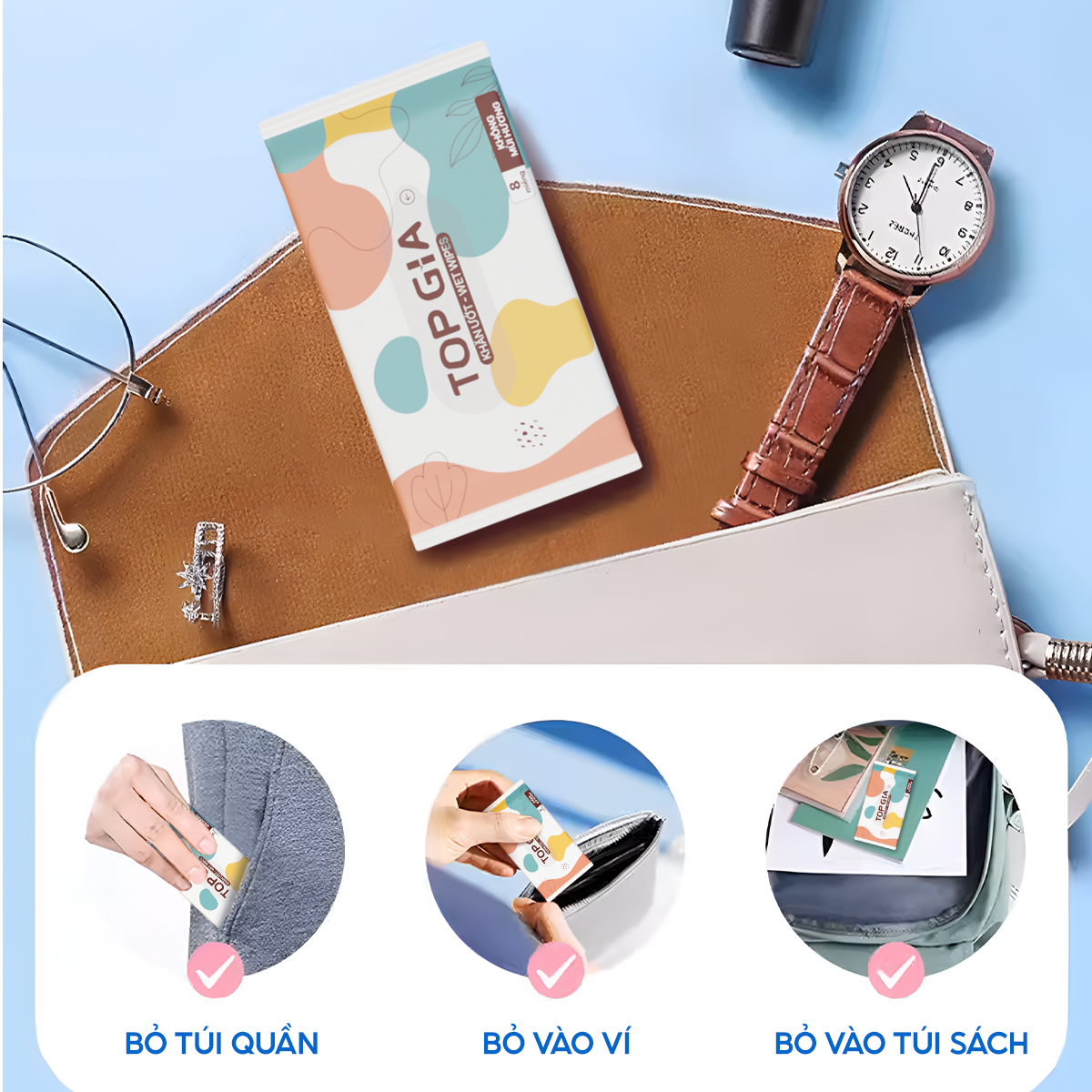 Khăn ướt mini TOPONE túi 10 gói 8 tờ mềm mại, không mùi không parabens