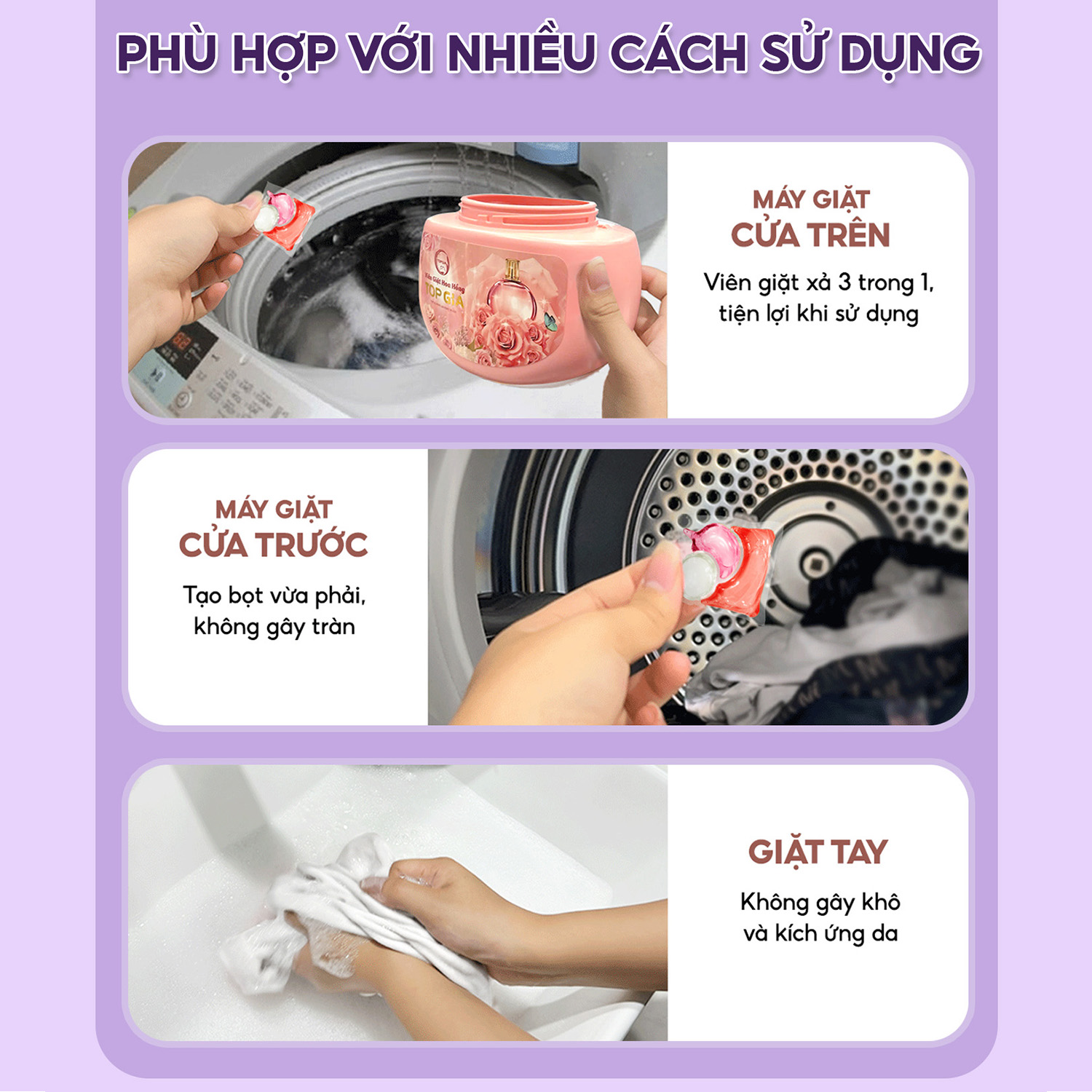 Viên giặt xả TopGia 3 trong 1 tiện lợi hương lavender, hoa hồng thơm dịu nhẹ