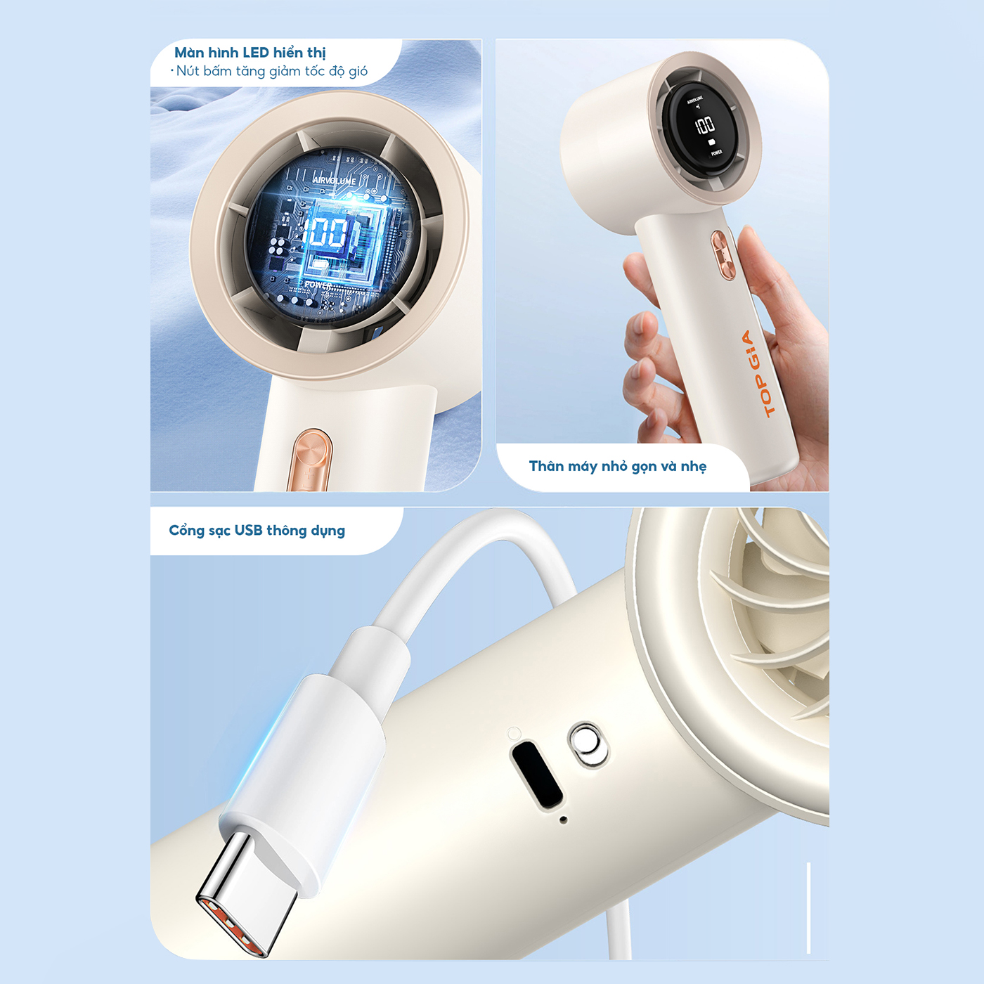 Quạt Cầm Tay Mini TopGia Siêu Mát - Sạc Nhanh - Chính Hãng - BH 6 Tháng