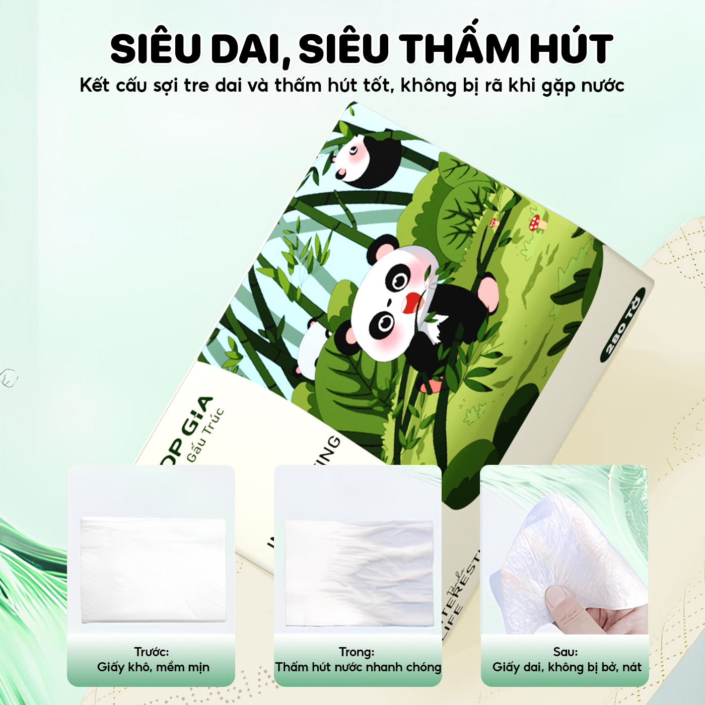 Giấy ăn rút gấu trúc Top Gia 280 tờ làm từ bột tre không chất tẩy trắng, an toàn