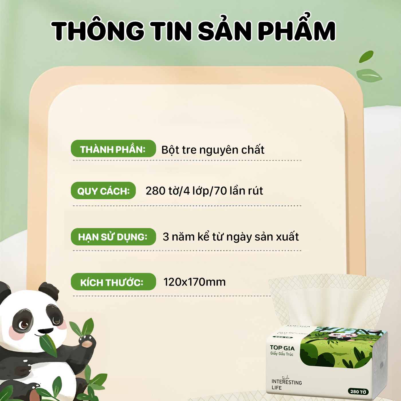 Giấy ăn rút gấu trúc Top Gia 280 tờ làm từ bột tre không chất tẩy trắng, an toàn