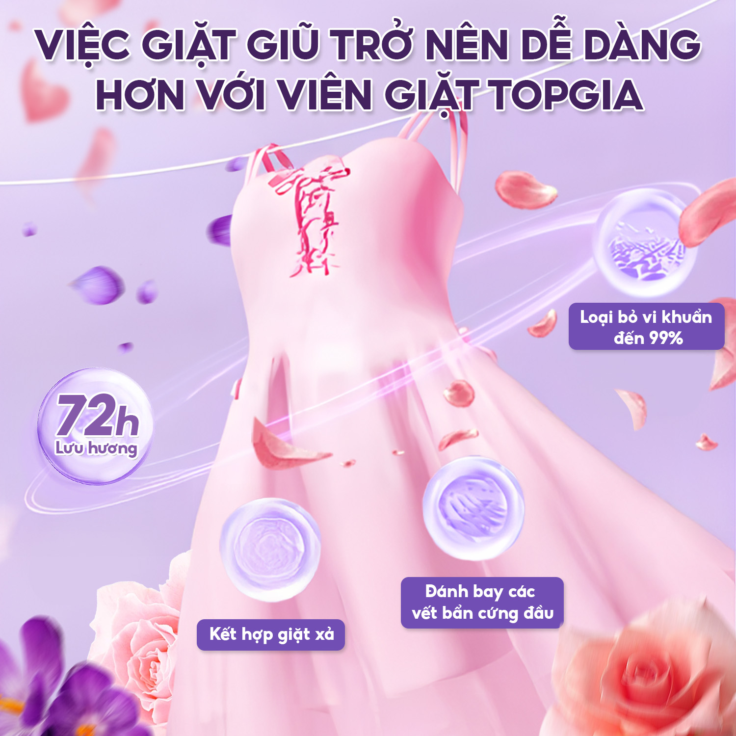 Viên giặt xả TopGia 3 trong 1 tiện lợi hương lavender, hoa hồng thơm dịu nhẹ