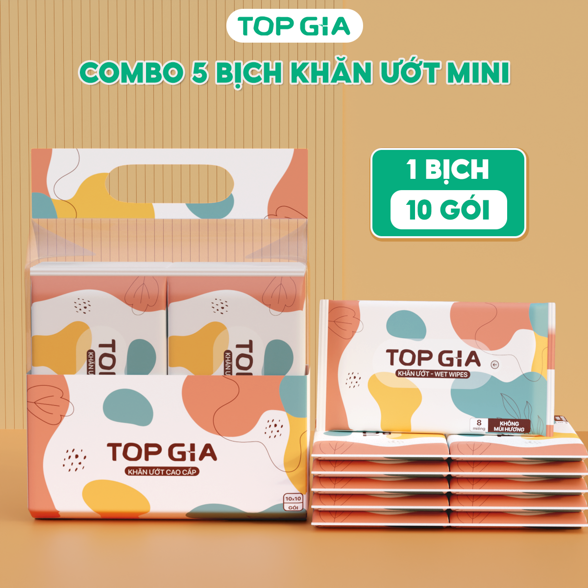 Khăn ướt mini TOPGIA túi 10 gói 8 tờ mềm mại, không mùi không parabens