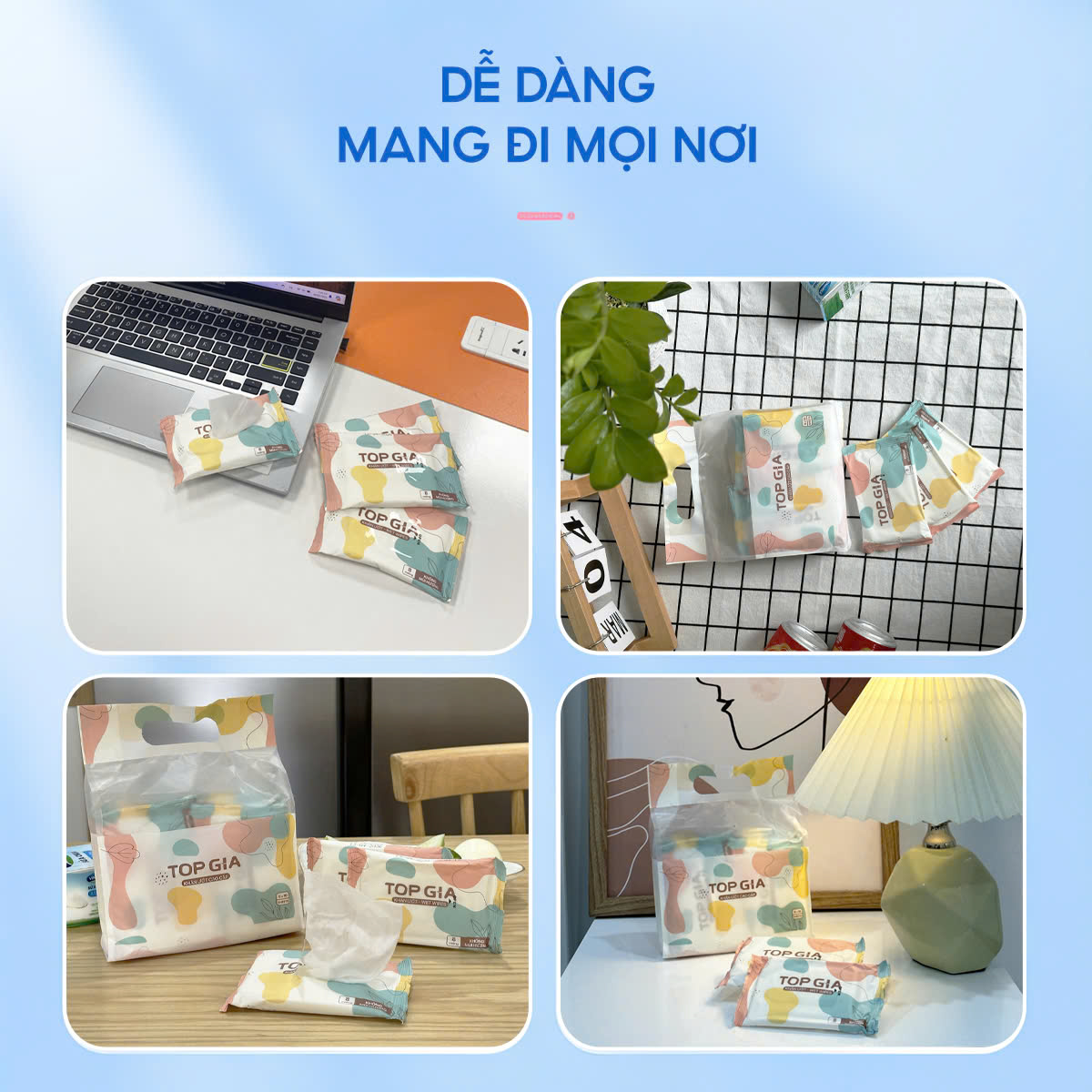 Khăn ướt mini TOPGIA túi 10 gói 8 tờ mềm mại, không mùi không parabens