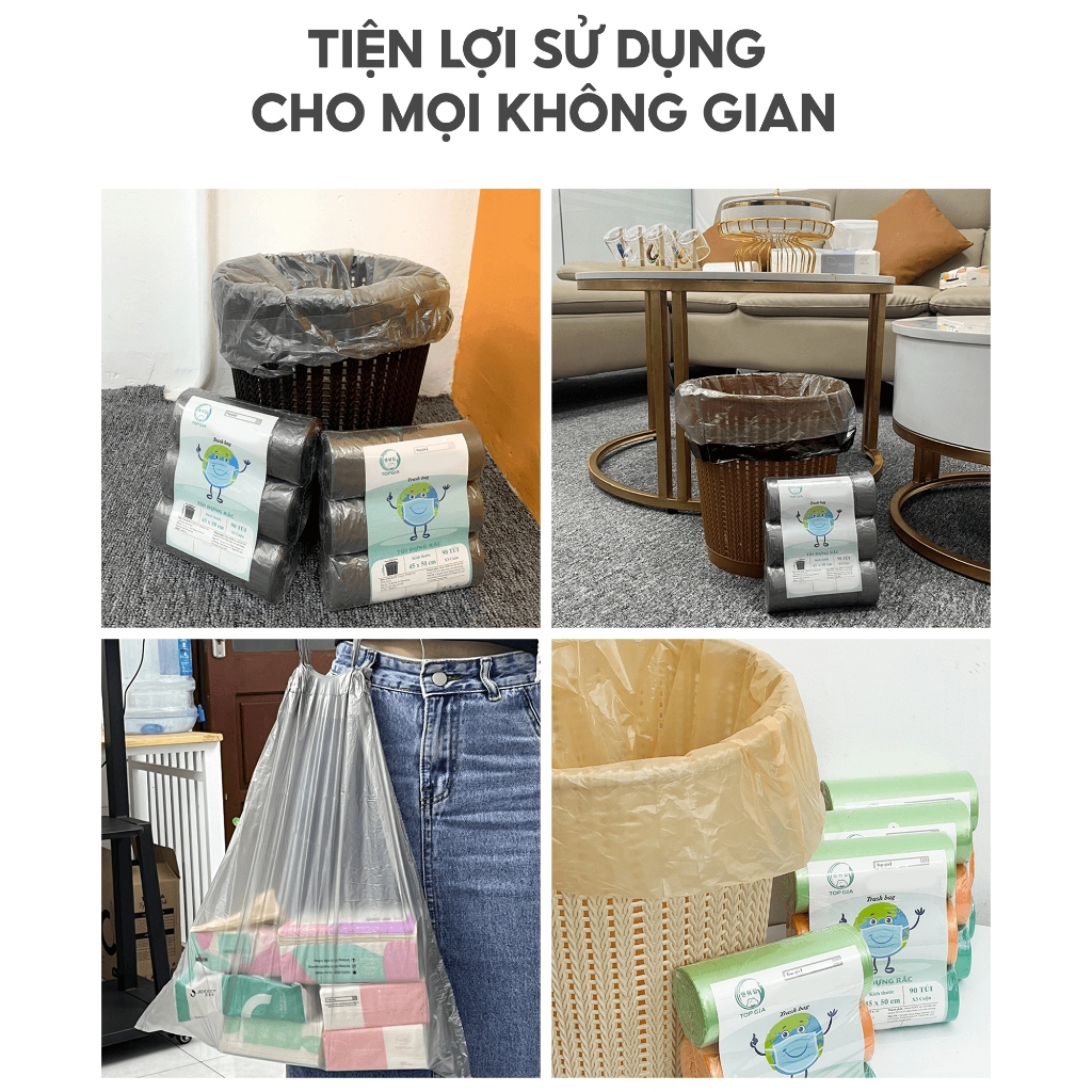 Combo 3 cuộn túi đựng rác có dây Top Gia PP tự huỷ sinh học thân thiện với môi trường