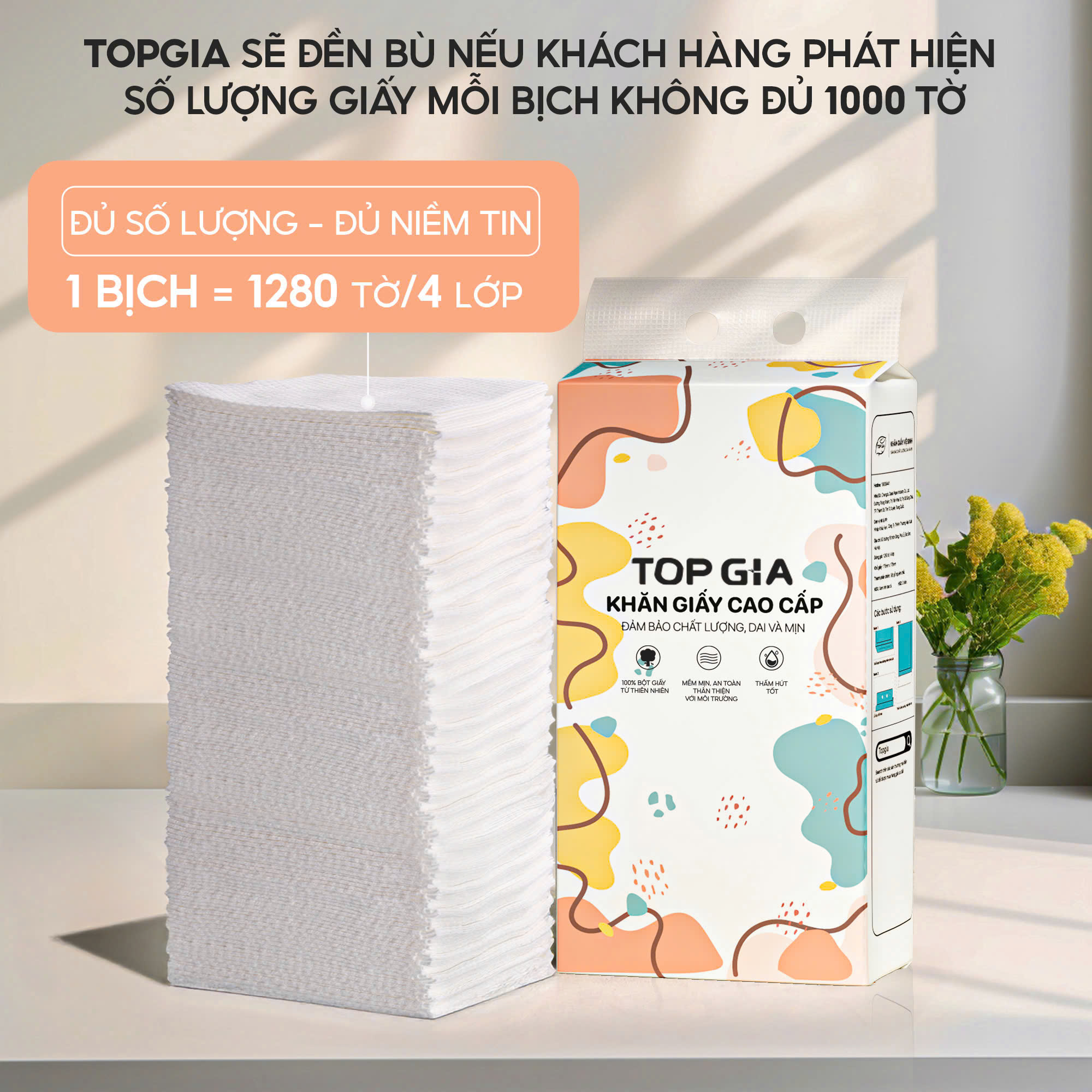 Giấy vệ sinh treo tường TopGia đa sắc 6 bịch, bột gỗ nguyên chất, 1280 tờ 4 lớp