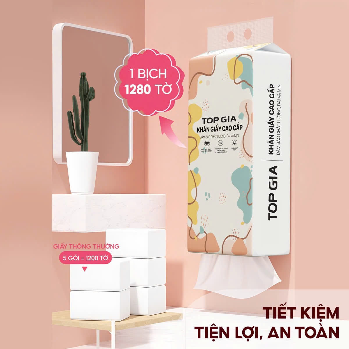 Giấy vệ sinh treo tường TopGia đa sắc 6 bịch, bột gỗ nguyên chất, 1280 tờ 4 lớp