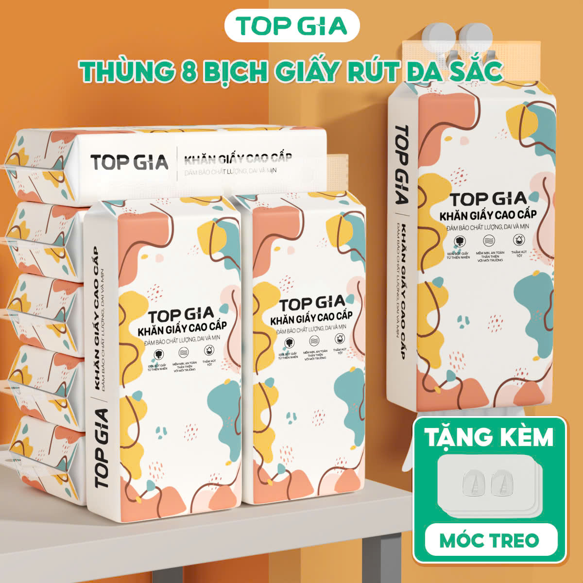 Giấy vệ sinh treo tường TopGia đa sắc 6 bịch, bột gỗ nguyên chất, 1280 tờ 4 lớp