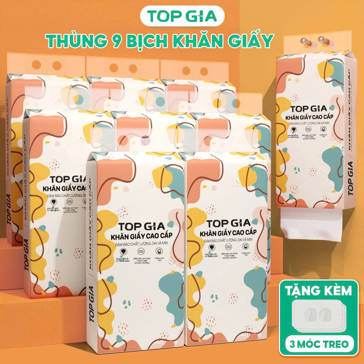 Giấy vệ sinh treo tường TopGia đa sắc 6 bịch, bột gỗ nguyên chất, 1280 tờ 4 lớp