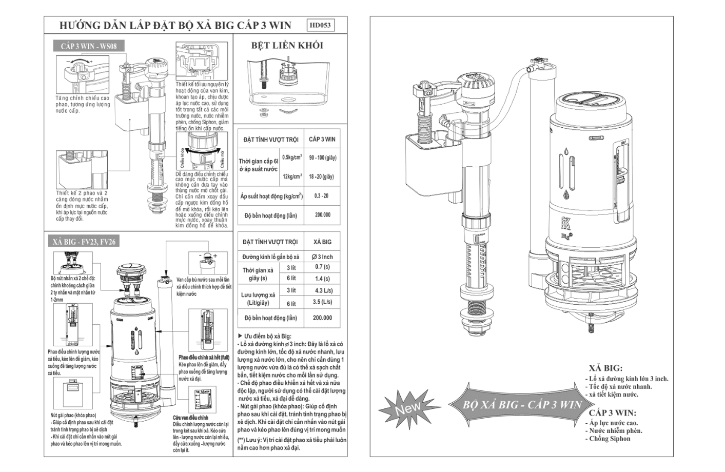 Cụm Xả Big Liền Khối FV23 – Xả Siêu Mạnh 4,3 Lít/Giây Cho Bàn Cầu Liền Khối
