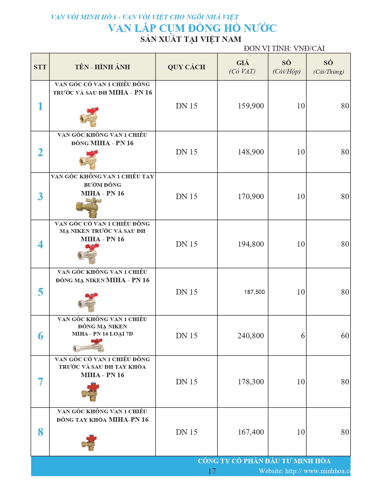 Bảng giá phân phối Van vòi Minh Hòa  2026