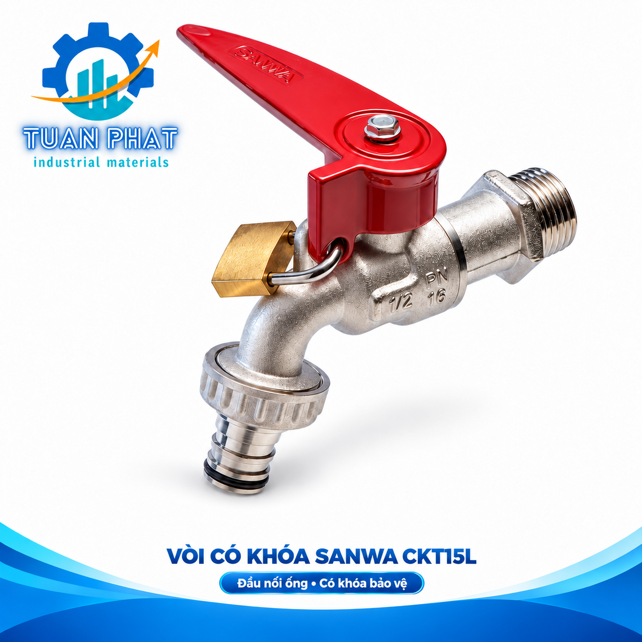 Vòi Nước Đầu Dài Sanwa CKT15-L – Đồng Đỏ Mạ Chrome/Niken – Có Khóa Chống Trộm – Chính Hãng Thái Lan