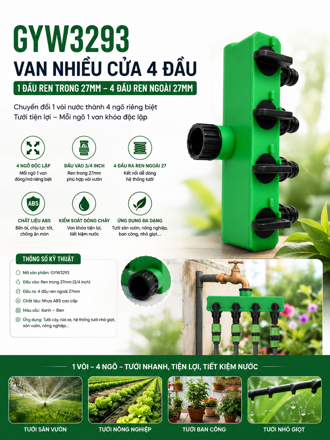 Van Nhiều Cửa 4 Đầu Ren Ngoài 27mm GYW3293 – Chia 1 Vòi Thành 4 Ngõ Tưới Tiện Lợi