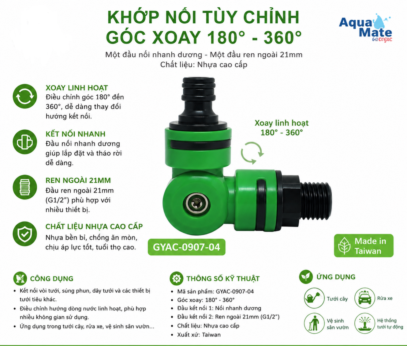 Khớp Nối Tùy Chỉnh Góc Xoay 180° – 360° Ren Ngoài 21mm Chính Hãng Mã GYAC-0907-04