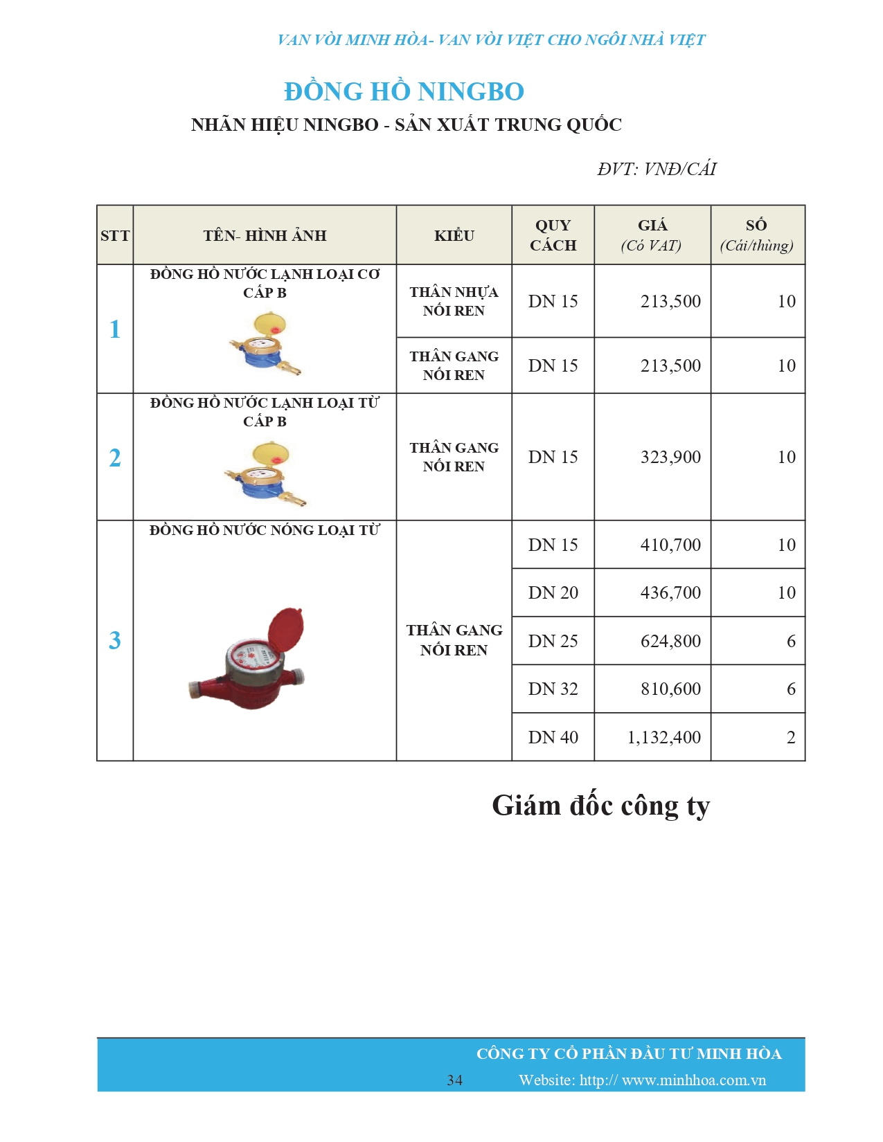 Bảng giá phân phối Van vòi Minh Hòa  2026