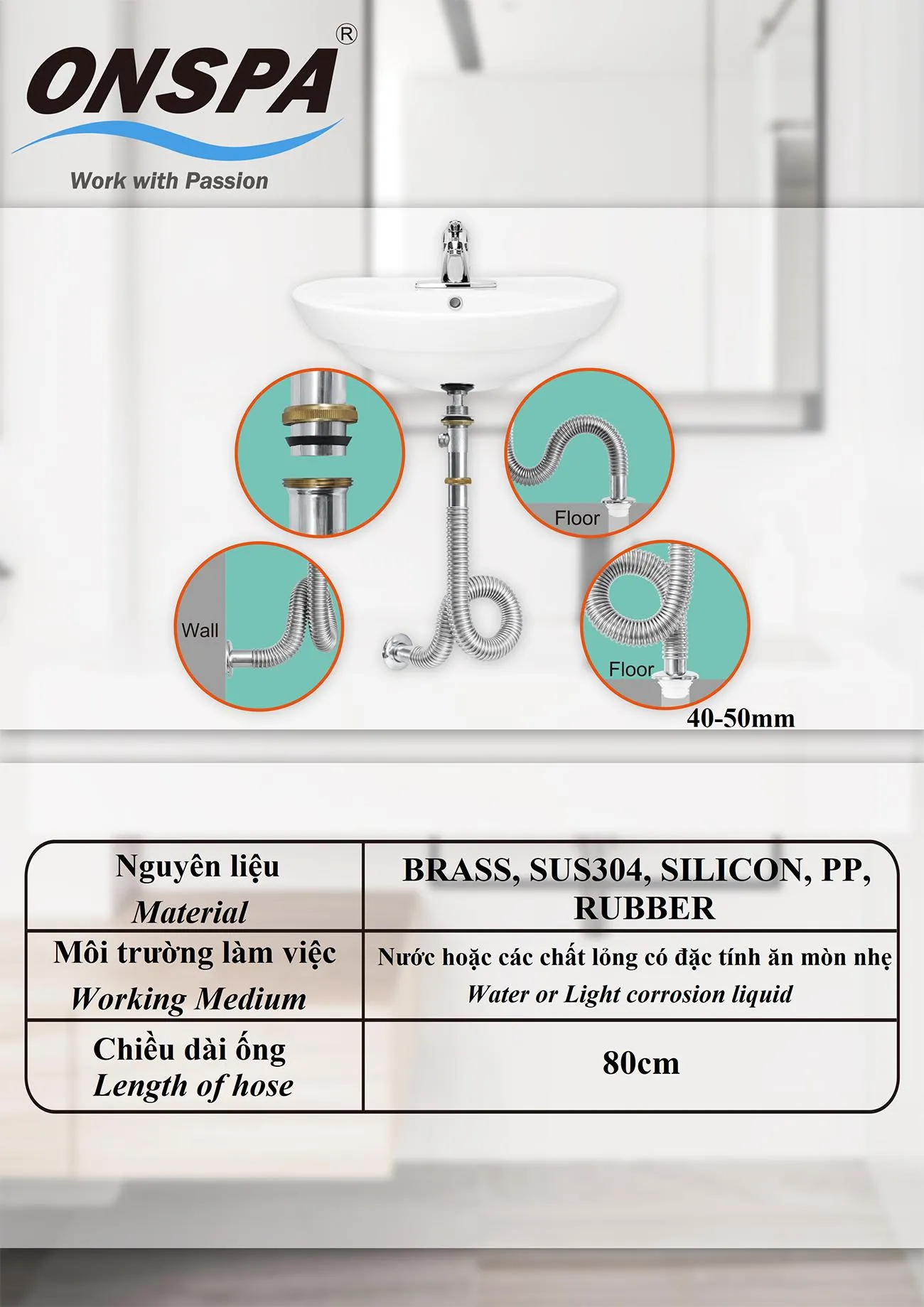 Hệ Thống Thoát Nước Bồn Rửa Mặt ONSPA Inox 304 Chính Hãng – Ống Xi Phông Lavabo Chống Gỉ