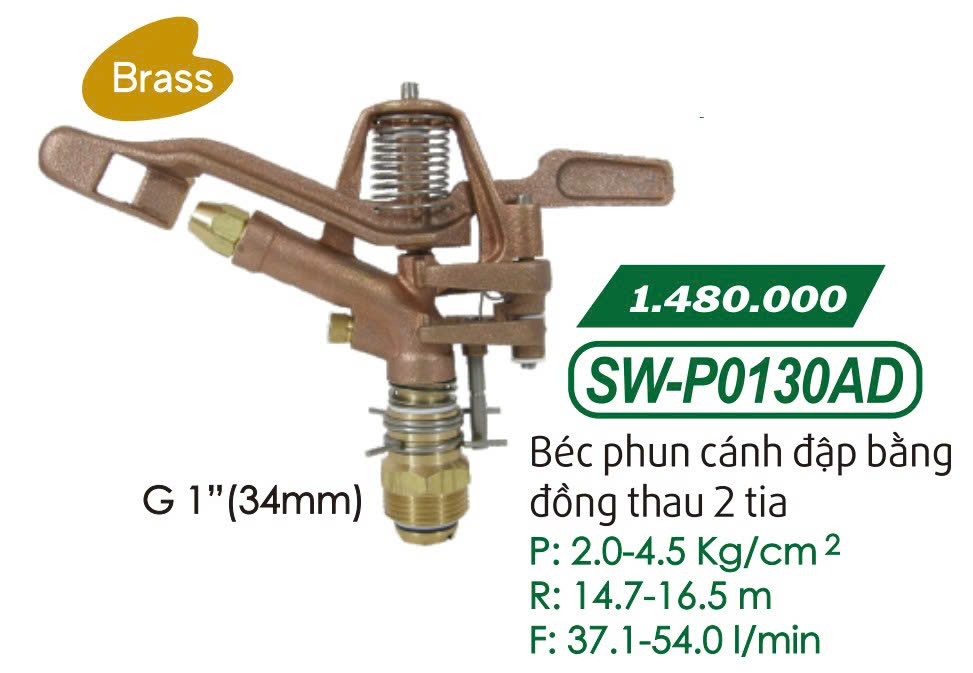 SW-P0130AD- Béc Phun Cánh Đập Đồng Thau 2 Tia