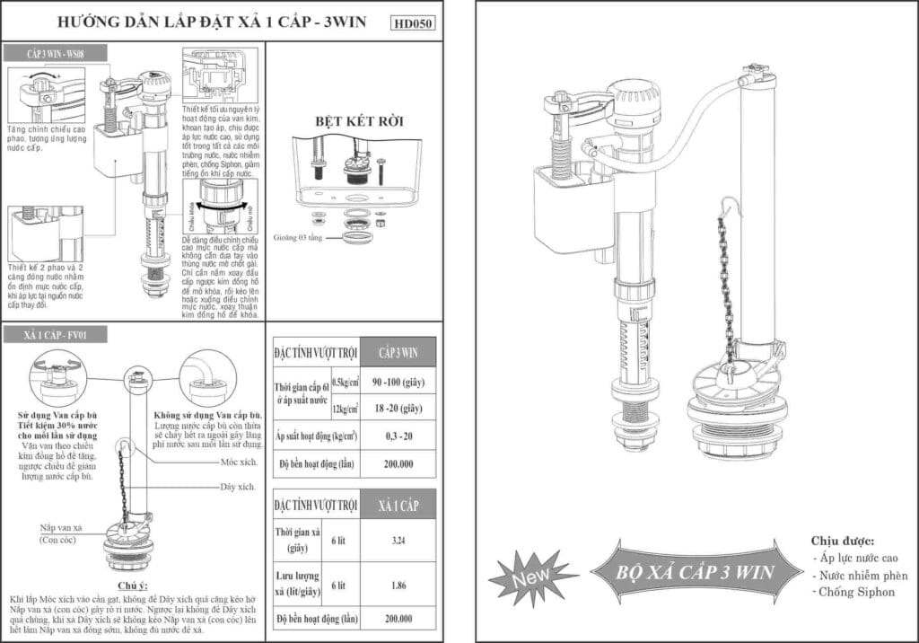 Bộ Xả 3 Win Một Cấp VS0108 – Hoạt Động Ổn Định, Cấp Nước Nhanh, Độ Bền Cao