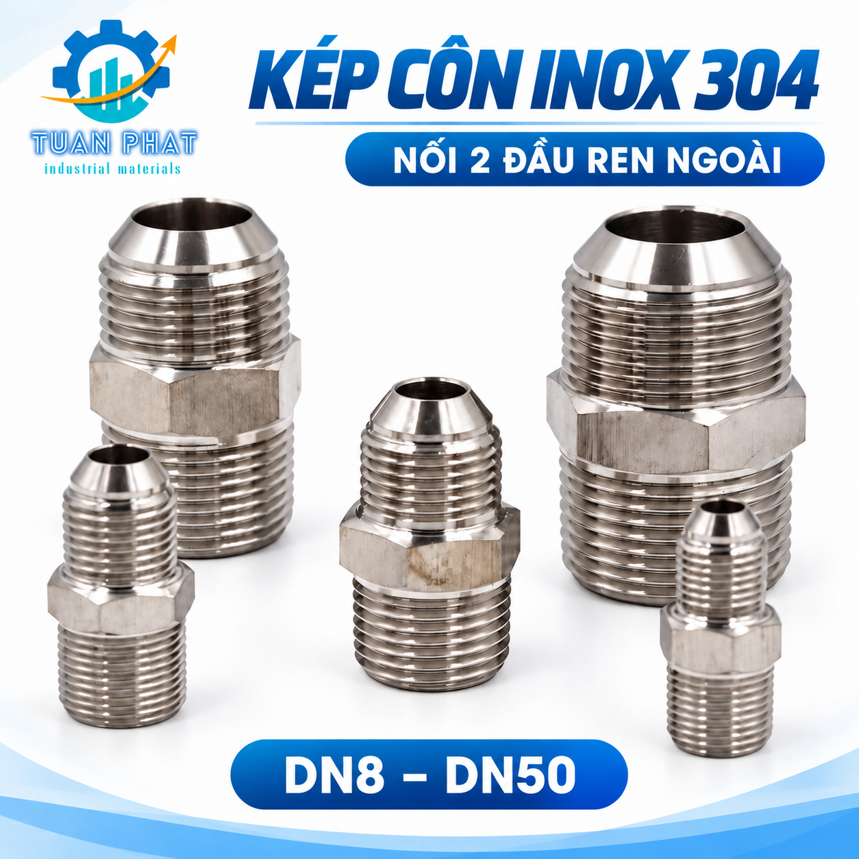 Kép Côn Inox 304 – Đầu Nối 2 Ren Ngoài, Một Đầu Côn