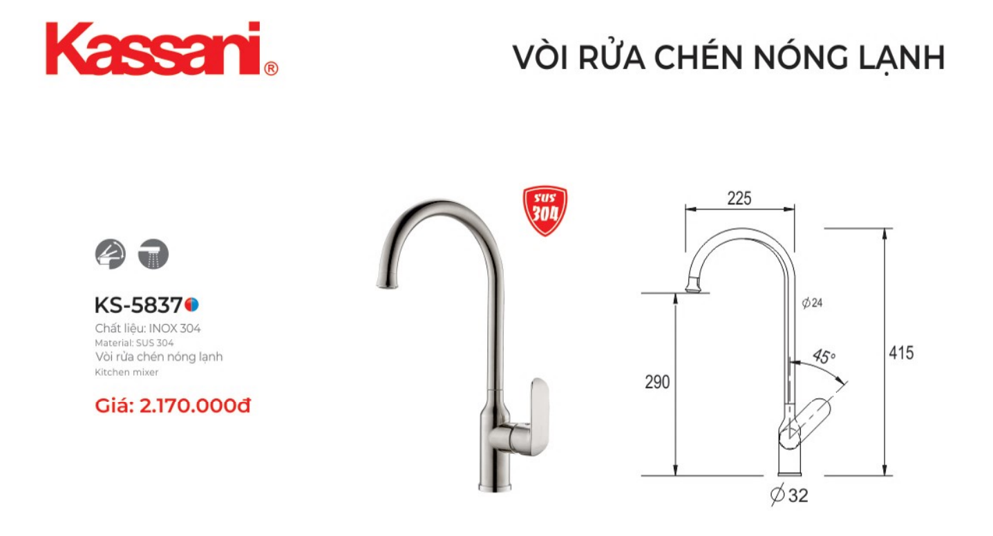 VÒI RỬA CHÉN NÓNG LẠNH INOX 304 KS-5837