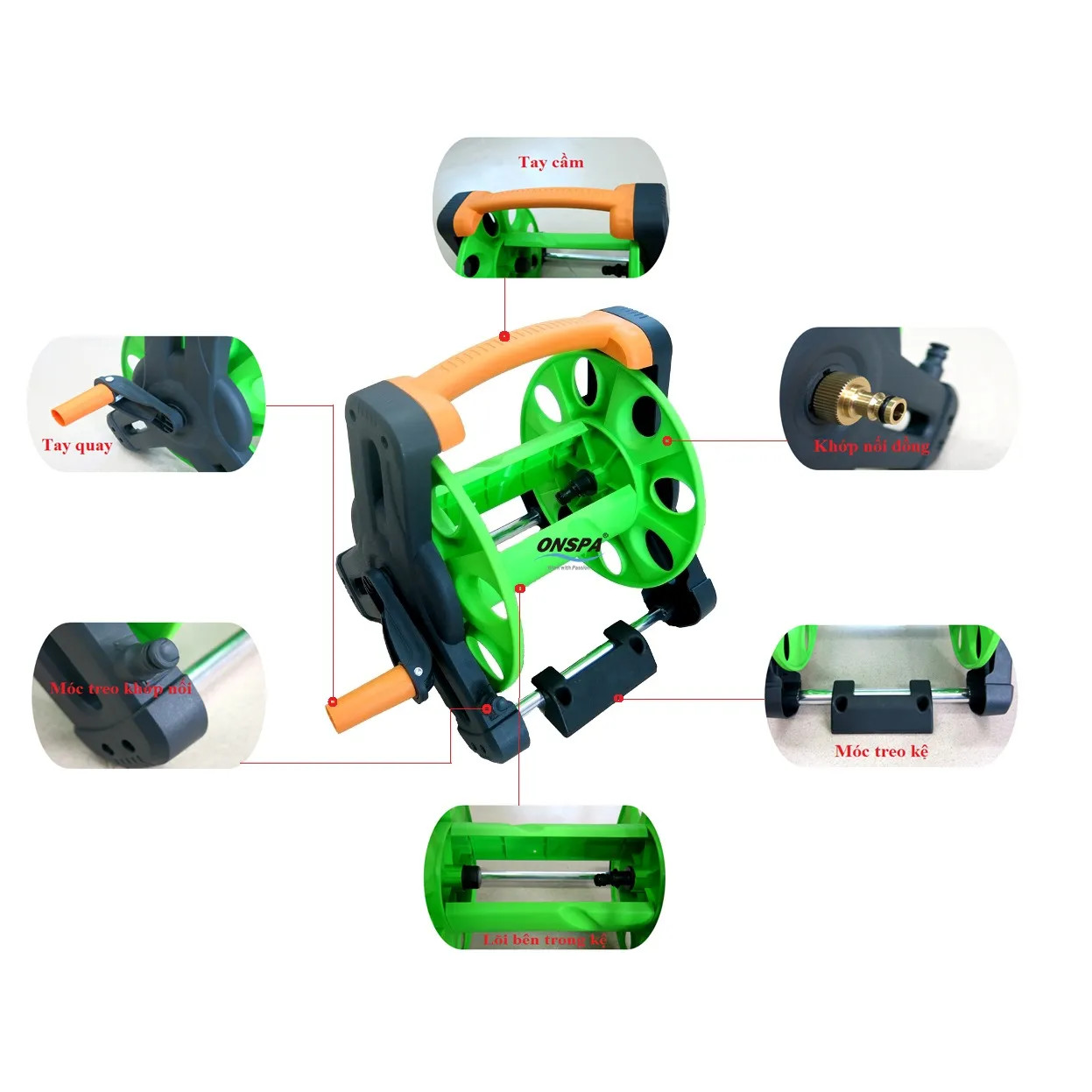 Kệ đẩy tưới cây 1302 cao cấp màu cam - Dây tưới Onspa 20m, đầu xịt điều chỉnh tia nước tiện lợi