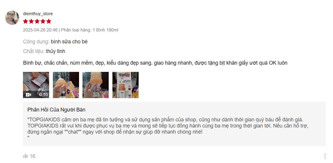 rải nghiệm đánh giá thực tế từ mẹ bỉm về bình sữa TopGiaKids