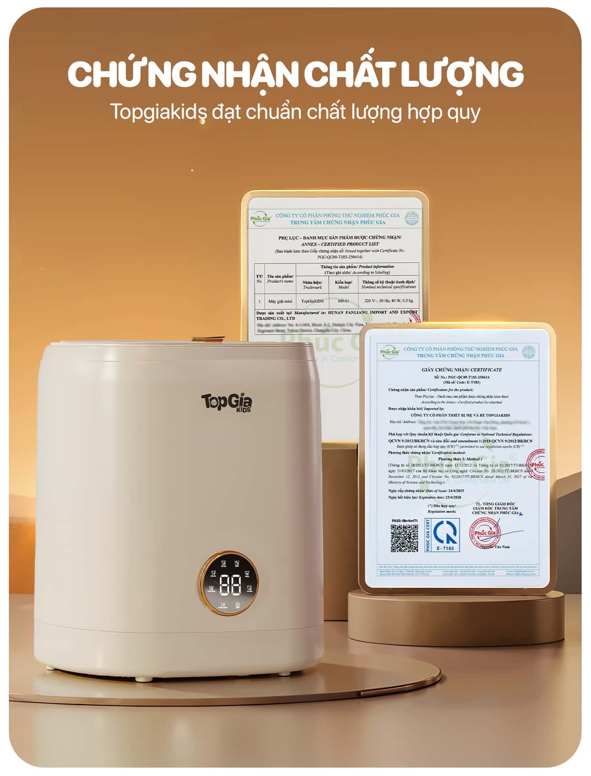 chứng nhận máy giặt mini Topgiakids