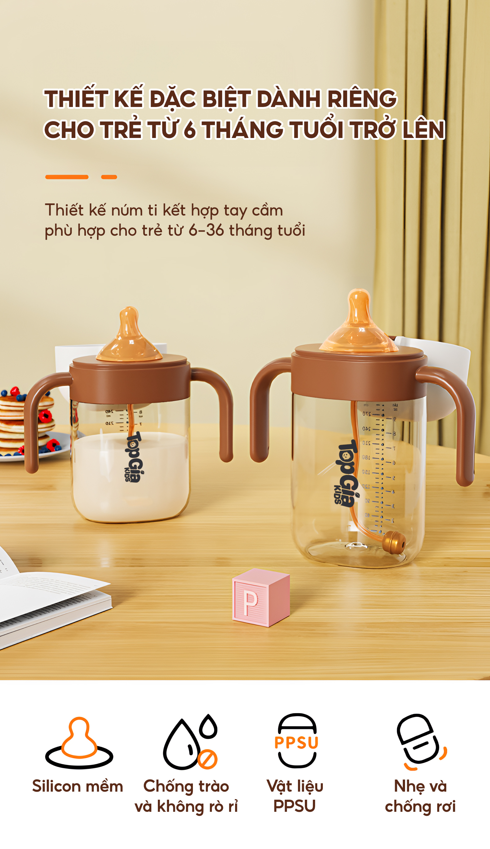 Bình sữa nắp lật PPSU TopgiaKids 240ml/300ml