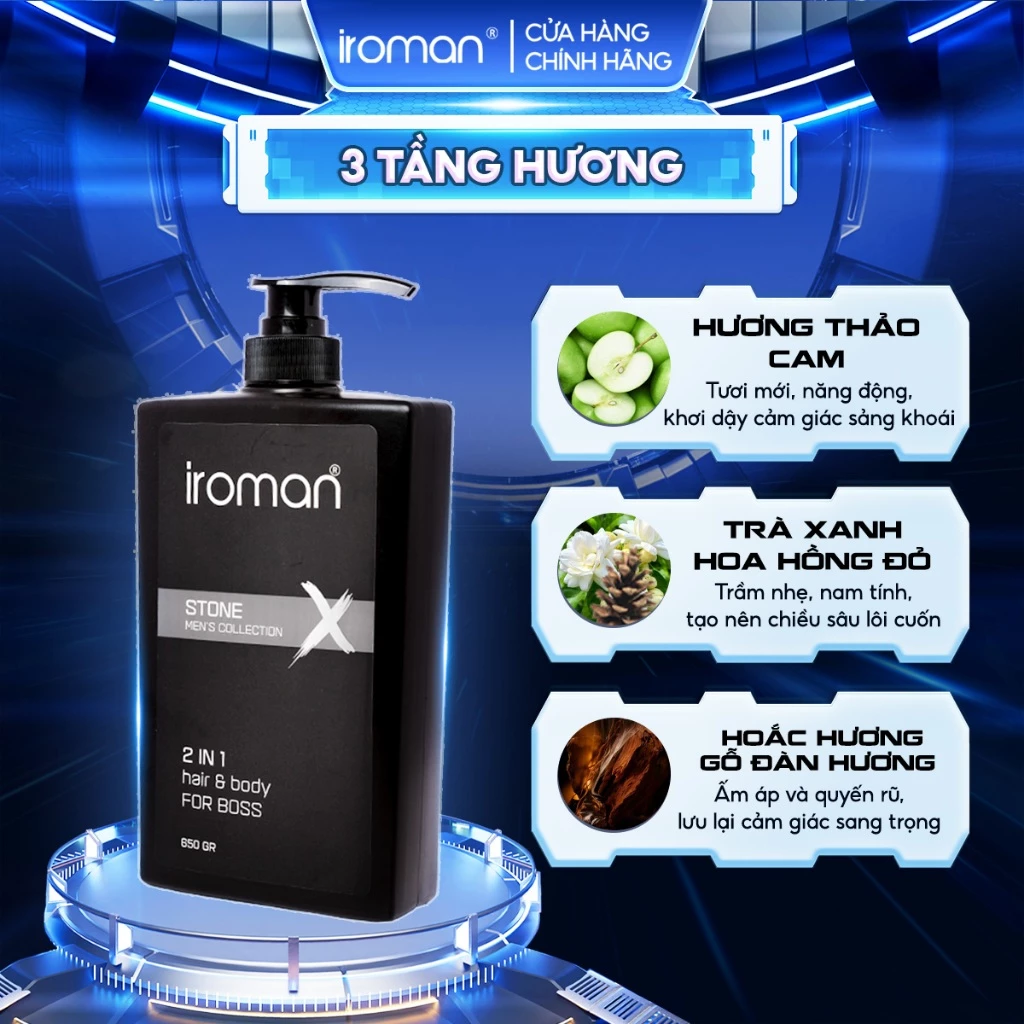 TẮM GỘI 2IN1 IROMAN 400G – HƯƠNG NƯỚC HOA STONE CAO CẤP