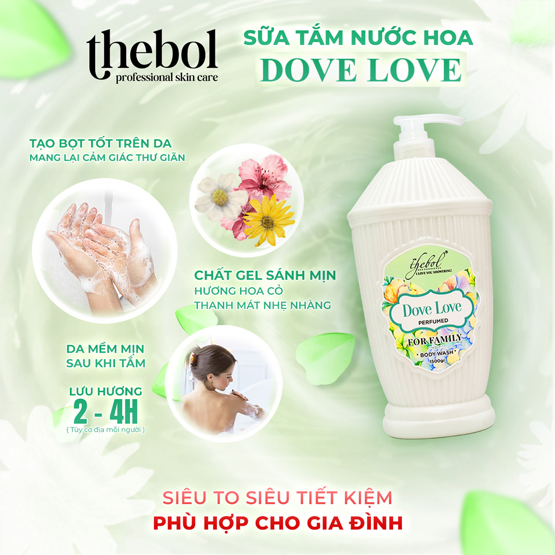 THEBOL - SỮA TẮM HƯƠNG NƯỚC HOA DOVE LOVE 1.5KG – NHẸ NHÀNG, THANH KHIẾT