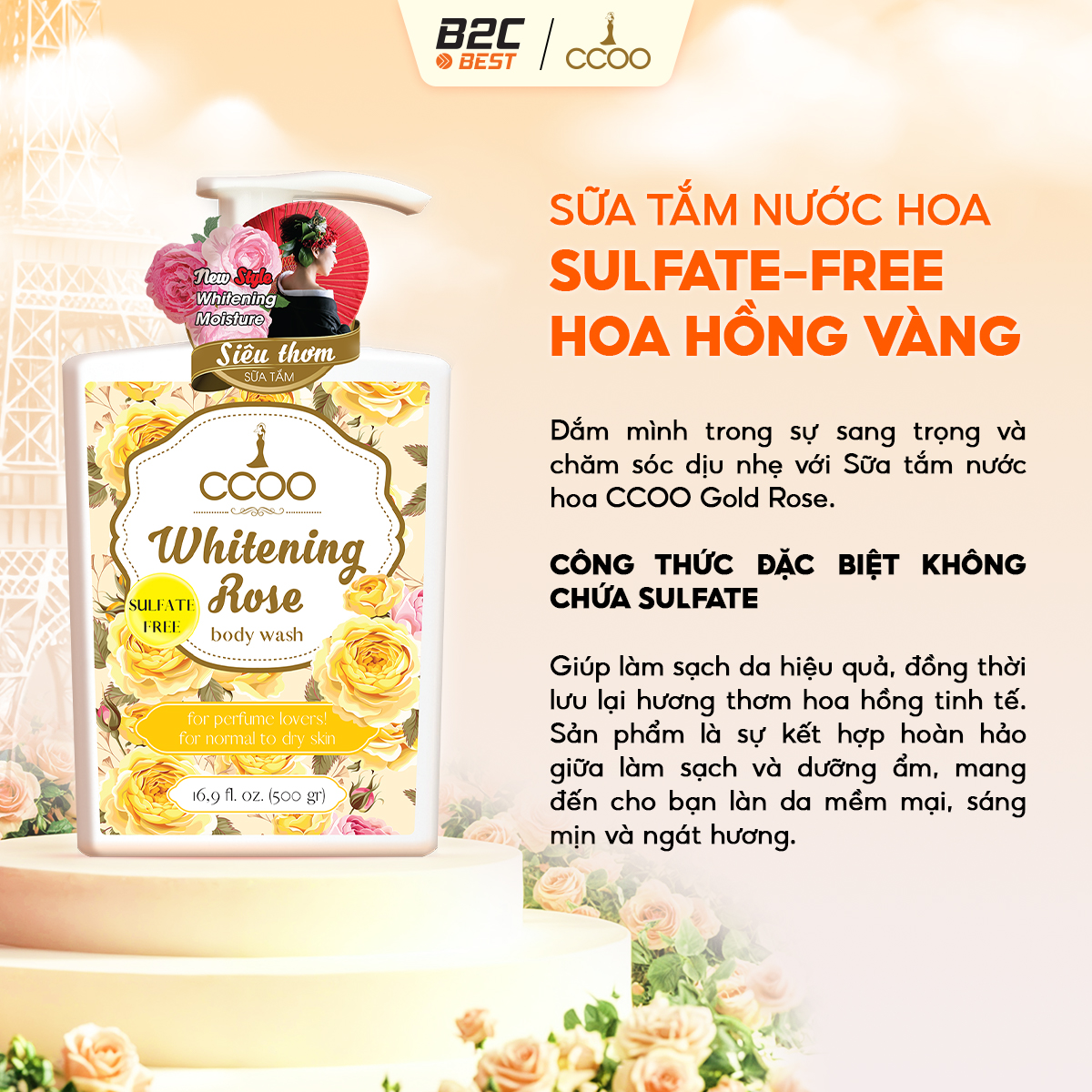 CCOO - SỮA TẮM NƯỚC HOA SULFATE-FREE HOA HỒNG VÀNG CCOO 500G