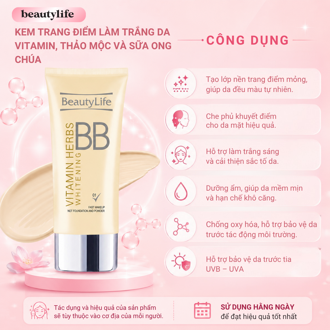 Kem trang điểm làm trắng da vitamin, thảo mộc và sữa ong chúa bb02 50gr - Beautylife