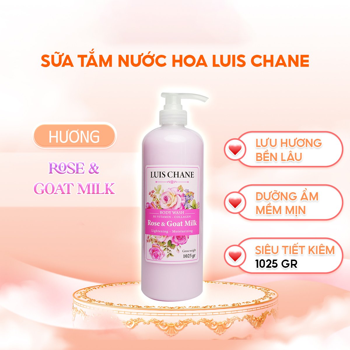 SỮA TẮM LUIS CHANE B3 VITAMIN GOAT MILK ROSE & COLLAGEN LIGHTTENING MOISTURIZING