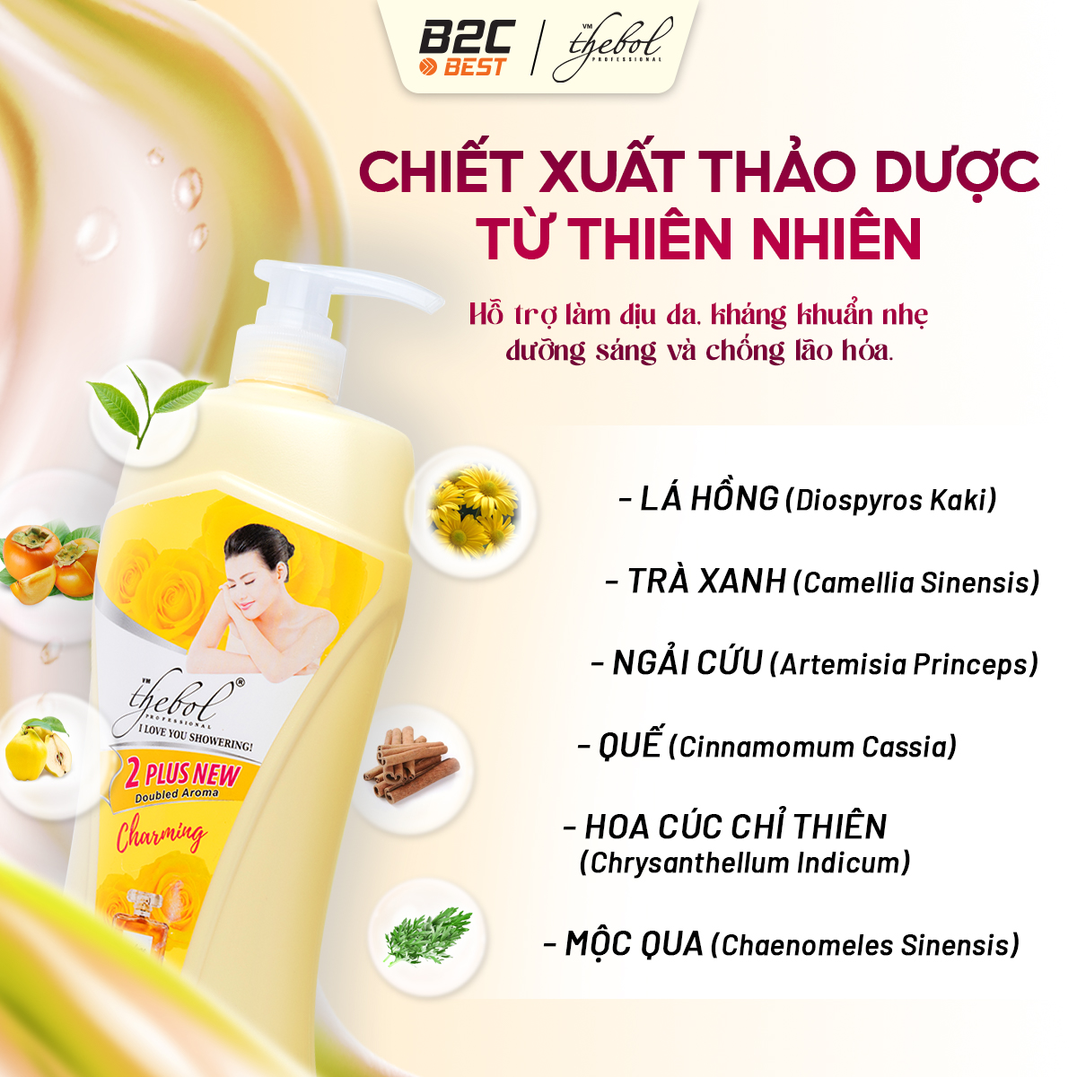THEBOL - SỮA TẮM THẢO DƯỢC HOA HỒNG KHƯƠNG HOÀNG NƯỚC HOA PHÁP CHRAMING (2 PLUS)