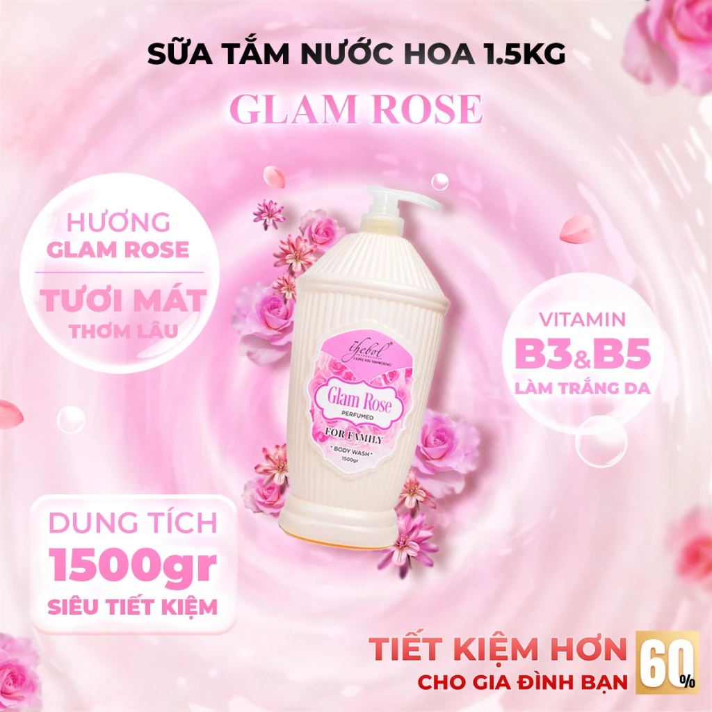 THEBOL - SỮA TẮM HƯƠNG NƯỚC HOA GLAM ROSE 1.5KG – HƯƠNG QUYẾN RŨ, TƯƠI MỚI