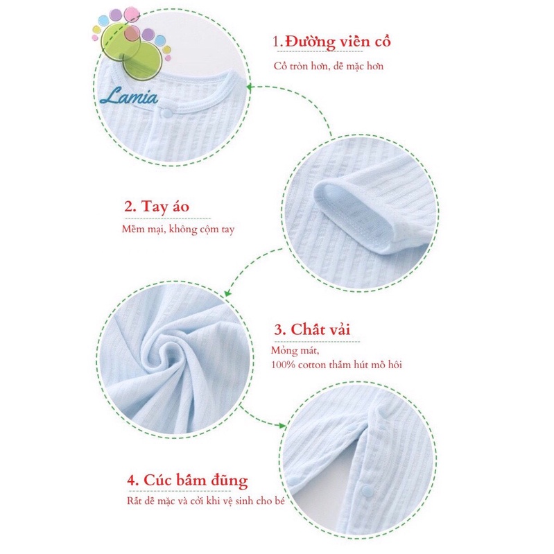 Body Cúc Giữa Dài Tay Hè Thu Mỏng Mát Cho Bé Nằm Điều Hoà 01BDD