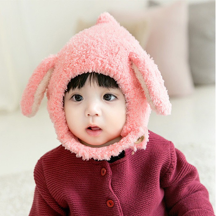 Mũ Len Lông Cừu Tai Thỏ Cài Cúc Đáng Yêu cho Bé Trai Bé Gái