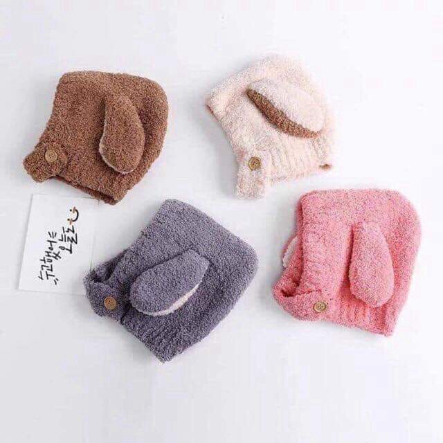Mũ Len Lông Cừu Tai Thỏ Cài Cúc Đáng Yêu cho Bé Trai Bé Gái