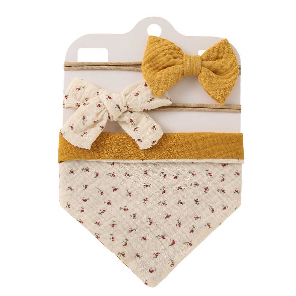 Yếm tam giác kèm băng đô tuban hình nơ vải muslin màu vintage phong cách tiểu thư cho bé gái set 3 chi tiết 𝐓𝐁𝐒𝟑