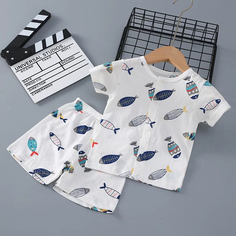 Bộ Cộc Tay Hè Cúc Giữa Cho Bé Trai Bé Gái Vải Cotton Thông Hơi Thấm Hút Mồ Hôi