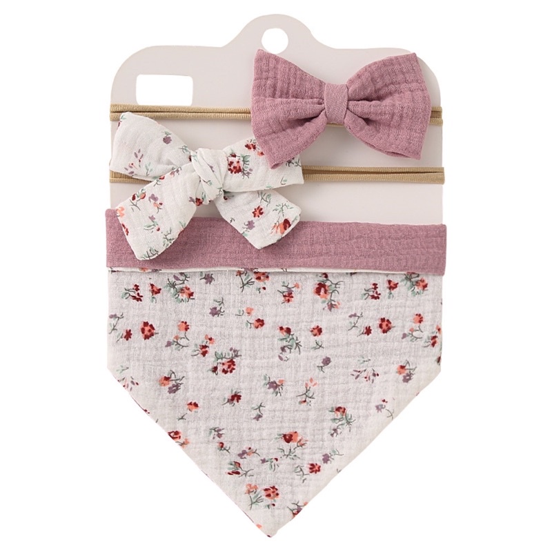 Yếm tam giác kèm băng đô tuban hình nơ vải muslin màu vintage phong cách tiểu thư cho bé gái set 3 chi tiết 𝐓𝐁𝐒𝟑