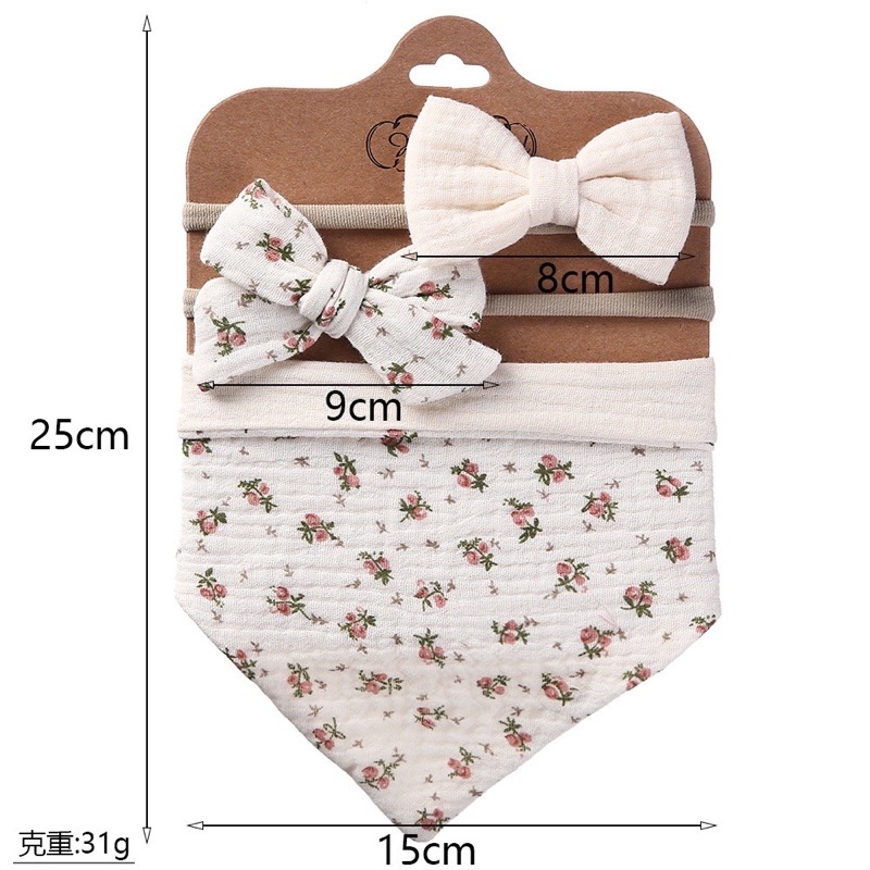 Yếm tam giác kèm băng đô tuban hình nơ vải muslin màu vintage phong cách tiểu thư cho bé gái set 3 chi tiết 𝐓𝐁𝐒𝟑